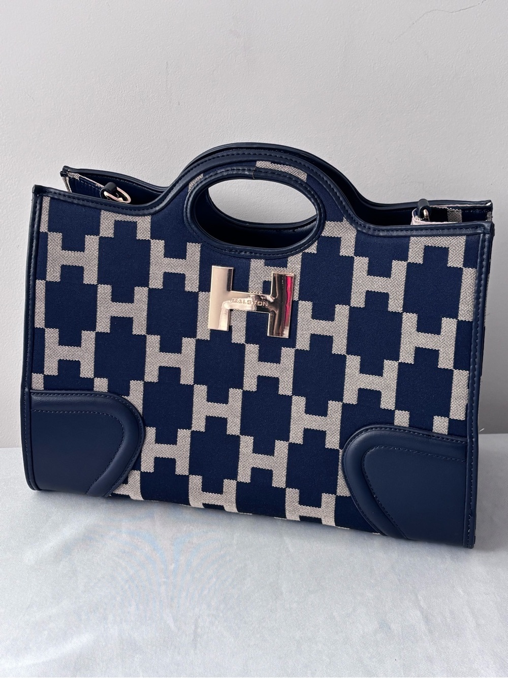 H Halston Monogram Tote Bag Navy Blue Grey Canvas Carryall," or "Work Bag”